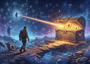 imagen de un baul lleno de criptomonedas bañadas en oro y una figura masculina que camina hacia ese objeto. A lo lejos un haz de luz ilumina el baúl.