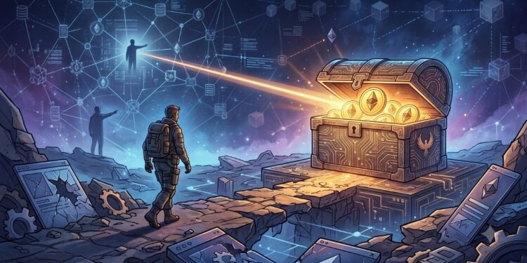 imagen de un baul lleno de criptomonedas bañadas en oro y una figura masculina que camina hacia ese objeto. A lo lejos un haz de luz ilumina el baúl.