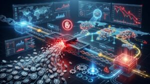 Representación visual del hackeo al Syscoin Bridge, mostrando una falla de seguridad en un puente blockchain con un derrame masivo de tokens y gráficos financieros en caída.