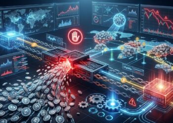 Representación visual del hackeo al Syscoin Bridge, mostrando una falla de seguridad en un puente blockchain con un derrame masivo de tokens y gráficos financieros en caída.