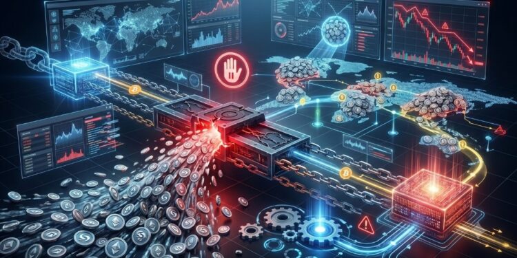Representación visual del hackeo al Syscoin Bridge, mostrando una falla de seguridad en un puente blockchain con un derrame masivo de tokens y gráficos financieros en caída.