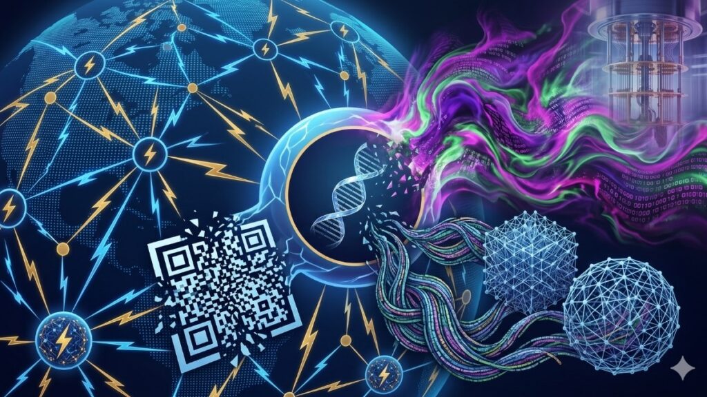 Ilustración conceptual de la evolución tecnológica de la red Lightning (Bitcoin) hacia la computación cuántica. Se muestra una red global de nodos con relámpagos azules y amarillos (símbolos de Lightning), un código QR (representando facturas y transacciones) y una cadena de ADN central (simbolizando la arquitectura base). Una ola de energía cuántica verde, púrpura y magenta emana de una computadora cuántica de araña en la esquina superior derecha.