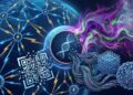 Ilustración conceptual de la evolución tecnológica de la red Lightning (Bitcoin) hacia la computación cuántica. Se muestra una red global de nodos con relámpagos azules y amarillos (símbolos de Lightning), un código QR (representando facturas y transacciones) y una cadena de ADN central (simbolizando la arquitectura base). Una ola de energía cuántica verde, púrpura y magenta emana de una computadora cuántica de araña en la esquina superior derecha.