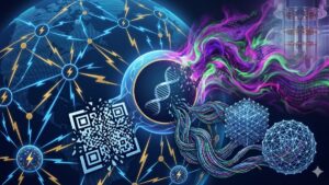 Ilustración conceptual de la evolución tecnológica de la red Lightning (Bitcoin) hacia la computación cuántica. Se muestra una red global de nodos con relámpagos azules y amarillos (símbolos de Lightning), un código QR (representando facturas y transacciones) y una cadena de ADN central (simbolizando la arquitectura base). Una ola de energía cuántica verde, púrpura y magenta emana de una computadora cuántica de araña en la esquina superior derecha.
