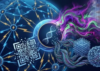 Ilustración conceptual de la evolución tecnológica de la red Lightning (Bitcoin) hacia la computación cuántica. Se muestra una red global de nodos con relámpagos azules y amarillos (símbolos de Lightning), un código QR (representando facturas y transacciones) y una cadena de ADN central (simbolizando la arquitectura base). Una ola de energía cuántica verde, púrpura y magenta emana de una computadora cuántica de araña en la esquina superior derecha.