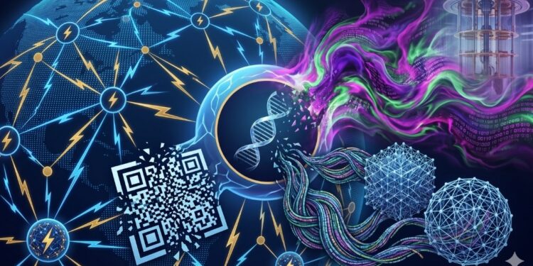 Ilustración conceptual de la evolución tecnológica de la red Lightning (Bitcoin) hacia la computación cuántica. Se muestra una red global de nodos con relámpagos azules y amarillos (símbolos de Lightning), un código QR (representando facturas y transacciones) y una cadena de ADN central (simbolizando la arquitectura base). Una ola de energía cuántica verde, púrpura y magenta emana de una computadora cuántica de araña en la esquina superior derecha.