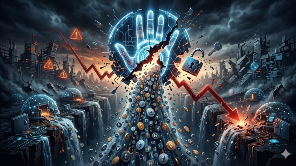 Ilustración conceptual del hackeo a Humanity Protocol mostrando una palma de la mano digital fracturada, un candado de seguridad roto, una gráfica financiera en caída libre y un drenaje masivo de criptomonedas.