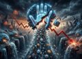 Ilustración conceptual del hackeo a Humanity Protocol mostrando una palma de la mano digital fracturada, un candado de seguridad roto, una gráfica financiera en caída libre y un drenaje masivo de criptomonedas.
