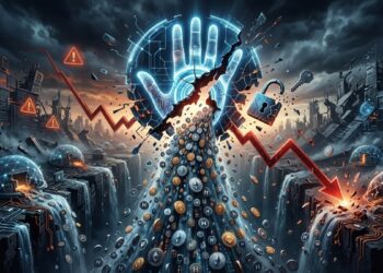 Ilustración conceptual del hackeo a Humanity Protocol mostrando una palma de la mano digital fracturada, un candado de seguridad roto, una gráfica financiera en caída libre y un drenaje masivo de criptomonedas.