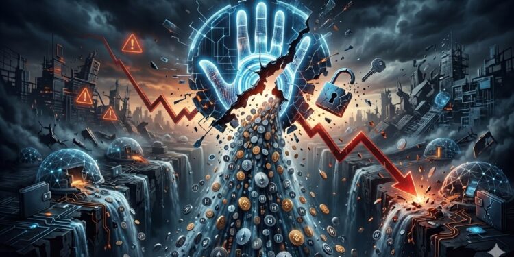 Ilustración conceptual del hackeo a Humanity Protocol mostrando una palma de la mano digital fracturada, un candado de seguridad roto, una gráfica financiera en caída libre y un drenaje masivo de criptomonedas.