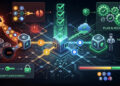 Esta imagen presenta el logotipo oficial de THORChain, el cual tiene un diseño moderno y geométrico. El fondo es un cuadrado negro con bordes redondeados, y en el centro, hay una forma que se asemeja a una "X" estilizada o a dos triángulos invertidos conectados en un gradiente de color de verde azulado a cian claro. Como se describe en el texto proporcionado, THORChain funciona como un protocolo descentralizado de intercambio entre cadenas de bloques.