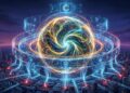 "Representación visual abstracta del modelo de inteligencia artificial Claude Fable 5. Un núcleo de energía digital brillante rodeado por escudos holográficos y anillos de seguridad, simbolizando la contención y protección de capacidades avanzadas de ciberseguridad.