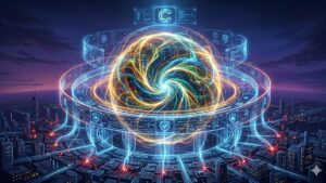"Representación visual abstracta del modelo de inteligencia artificial Claude Fable 5. Un núcleo de energía digital brillante rodeado por escudos holográficos y anillos de seguridad, simbolizando la contención y protección de capacidades avanzadas de ciberseguridad.