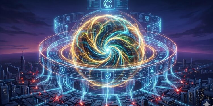 "Representación visual abstracta del modelo de inteligencia artificial Claude Fable 5. Un núcleo de energía digital brillante rodeado por escudos holográficos y anillos de seguridad, simbolizando la contención y protección de capacidades avanzadas de ciberseguridad.
