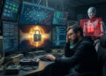 Especialista en criptomonedas intentando recuperar una wallet de Bitcoin bloqueada en múltiples monitores, enfrentando restricciones de inteligencia artificial en ciberseguridad.