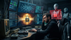 Especialista en criptomonedas intentando recuperar una wallet de Bitcoin bloqueada en múltiples monitores, enfrentando restricciones de inteligencia artificial en ciberseguridad.
