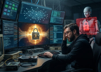 Especialista en criptomonedas intentando recuperar una wallet de Bitcoin bloqueada en múltiples monitores, enfrentando restricciones de inteligencia artificial en ciberseguridad.