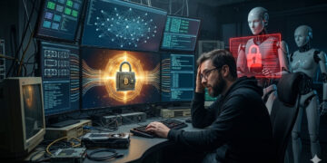 Especialista en criptomonedas intentando recuperar una wallet de Bitcoin bloqueada en múltiples monitores, enfrentando restricciones de inteligencia artificial en ciberseguridad.