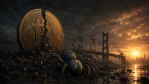 Bitcoin fracturado en un paisaje postapocalíptico con telarañas rotas y una araña mecánica, simbolizando el colapso de Spiderchain, la capa 2 de Botanix Labs, en un entorno oscuro con un puente destruido al atardecer.