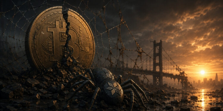 Bitcoin fracturado en un paisaje postapocalíptico con telarañas rotas y una araña mecánica, simbolizando el colapso de Spiderchain, la capa 2 de Botanix Labs, en un entorno oscuro con un puente destruido al atardecer.