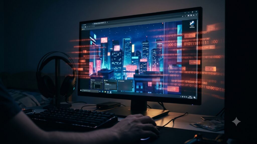 Vista en primera persona de un usuario frente a un monitor de computadora en una habitación a oscuras. La pantalla muestra un atractivo fondo de pantalla animado de una ciudad cyberpunk, pero está superpuesta con flujos de código binario rojo brillante que parecen escapar de la pantalla hacia el mundo real. La imagen simboliza un software malicioso oculto operando en segundo plano y robando datos mientras el usuario interactúa confiadamente con un programa de apariencia inofensiva.