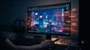 Vista en primera persona de un usuario frente a un monitor de computadora en una habitación a oscuras. La pantalla muestra un atractivo fondo de pantalla animado de una ciudad cyberpunk, pero está superpuesta con flujos de código binario rojo brillante que parecen escapar de la pantalla hacia el mundo real. La imagen simboliza un software malicioso oculto operando en segundo plano y robando datos mientras el usuario interactúa confiadamente con un programa de apariencia inofensiva.