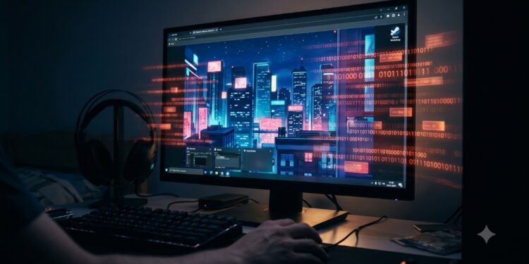 Vista en primera persona de un usuario frente a un monitor de computadora en una habitación a oscuras. La pantalla muestra un atractivo fondo de pantalla animado de una ciudad cyberpunk, pero está superpuesta con flujos de código binario rojo brillante que parecen escapar de la pantalla hacia el mundo real. La imagen simboliza un software malicioso oculto operando en segundo plano y robando datos mientras el usuario interactúa confiadamente con un programa de apariencia inofensiva.