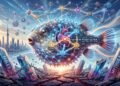Ilustración digital de estilo futurista y tecnológico. En el centro flota un gran pez globo (fugu) cibernético, construido a partir de brillantes redes neuronales, cables luminosos y nodos interconectados. En el interior del pez resaltan núcleos de energía con las etiquetas 'THINKER', 'EXECUTOR', 'VERIFIER' y 'COORDINATE'. Al fondo se dibuja el horizonte de la ciudad de Tokio bajo un cielo vibrante. En primer plano, el suelo está resquebrajado y árido; de él emergen gruesos pilares de piedra oscuros y rotos con los nombres 'FABLE 5' y 'MYTHOS 5'. Uno de los pilares en ruinas está envuelto en cadenas de hierro y asegurado con un candado que lleva la bandera de Estados Unidos. La imagen simboliza el surgimiento de una nueva red de inteligencia artificial resiliente frente a los bloqueos y restricciones tecnológicas.