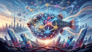 Ilustración digital de estilo futurista y tecnológico. En el centro flota un gran pez globo (fugu) cibernético, construido a partir de brillantes redes neuronales, cables luminosos y nodos interconectados. En el interior del pez resaltan núcleos de energía con las etiquetas 'THINKER', 'EXECUTOR', 'VERIFIER' y 'COORDINATE'. Al fondo se dibuja el horizonte de la ciudad de Tokio bajo un cielo vibrante. En primer plano, el suelo está resquebrajado y árido; de él emergen gruesos pilares de piedra oscuros y rotos con los nombres 'FABLE 5' y 'MYTHOS 5'. Uno de los pilares en ruinas está envuelto en cadenas de hierro y asegurado con un candado que lleva la bandera de Estados Unidos. La imagen simboliza el surgimiento de una nueva red de inteligencia artificial resiliente frente a los bloqueos y restricciones tecnológicas.