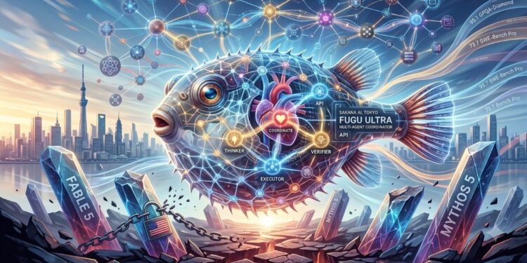 Ilustración digital de estilo futurista y tecnológico. En el centro flota un gran pez globo (fugu) cibernético, construido a partir de brillantes redes neuronales, cables luminosos y nodos interconectados. En el interior del pez resaltan núcleos de energía con las etiquetas 'THINKER', 'EXECUTOR', 'VERIFIER' y 'COORDINATE'. Al fondo se dibuja el horizonte de la ciudad de Tokio bajo un cielo vibrante. En primer plano, el suelo está resquebrajado y árido; de él emergen gruesos pilares de piedra oscuros y rotos con los nombres 'FABLE 5' y 'MYTHOS 5'. Uno de los pilares en ruinas está envuelto en cadenas de hierro y asegurado con un candado que lleva la bandera de Estados Unidos. La imagen simboliza el surgimiento de una nueva red de inteligencia artificial resiliente frente a los bloqueos y restricciones tecnológicas.