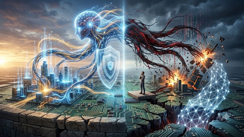 Representación visual de los desafíos de ciberseguridad en la IA agéntica. Muestra un paisaje digital fracturado con una entidad de inteligencia artificial dividida en dos: una red luminosa que construye una ciudad inteligente y una estructura oscura y caótica que vulnera el sistema. Simboliza la crisis de confianza digital y las vulnerabilidades estructurales de los agentes autónomos.