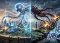 Representación visual de los desafíos de ciberseguridad en la IA agéntica. Muestra un paisaje digital fracturado con una entidad de inteligencia artificial dividida en dos: una red luminosa que construye una ciudad inteligente y una estructura oscura y caótica que vulnera el sistema. Simboliza la crisis de confianza digital y las vulnerabilidades estructurales de los agentes autónomos.