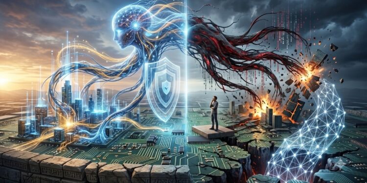 Representación visual de los desafíos de ciberseguridad en la IA agéntica. Muestra un paisaje digital fracturado con una entidad de inteligencia artificial dividida en dos: una red luminosa que construye una ciudad inteligente y una estructura oscura y caótica que vulnera el sistema. Simboliza la crisis de confianza digital y las vulnerabilidades estructurales de los agentes autónomos.