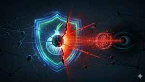 Ilustración conceptual de ciberseguridad sobre un fondo oscuro, dividida por una grieta brillante de color rojo intenso. En el lado izquierdo, representando la seguridad, hay una red de nodos estable protegida por un escudo azul y verde que contiene el símbolo de una cebolla (en referencia a la red Tor). El lado derecho, que representa la vulnerabilidad, muestra una red rojiza y desestabilizada donde se observan el logotipo de Bitcoin en color rojo, una dirección IP parcialmente visible y un ojo digital vigilante formado por código, simbolizando la exposición de datos privados y la vigilancia en la red.
