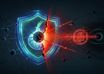 Ilustración conceptual de ciberseguridad sobre un fondo oscuro, dividida por una grieta brillante de color rojo intenso. En el lado izquierdo, representando la seguridad, hay una red de nodos estable protegida por un escudo azul y verde que contiene el símbolo de una cebolla (en referencia a la red Tor). El lado derecho, que representa la vulnerabilidad, muestra una red rojiza y desestabilizada donde se observan el logotipo de Bitcoin en color rojo, una dirección IP parcialmente visible y un ojo digital vigilante formado por código, simbolizando la exposición de datos privados y la vigilancia en la red.