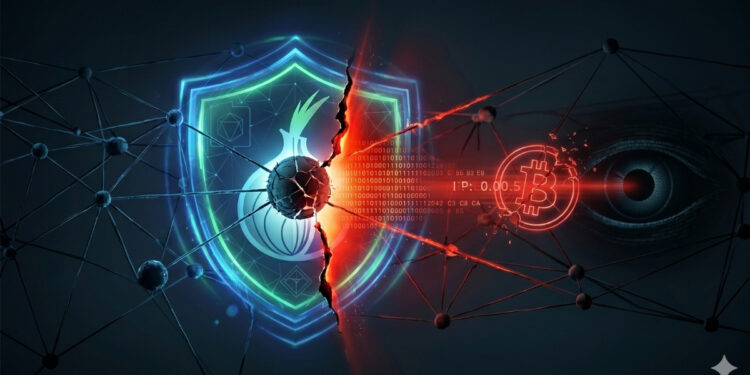 Ilustración conceptual de ciberseguridad sobre un fondo oscuro, dividida por una grieta brillante de color rojo intenso. En el lado izquierdo, representando la seguridad, hay una red de nodos estable protegida por un escudo azul y verde que contiene el símbolo de una cebolla (en referencia a la red Tor). El lado derecho, que representa la vulnerabilidad, muestra una red rojiza y desestabilizada donde se observan el logotipo de Bitcoin en color rojo, una dirección IP parcialmente visible y un ojo digital vigilante formado por código, simbolizando la exposición de datos privados y la vigilancia en la red.