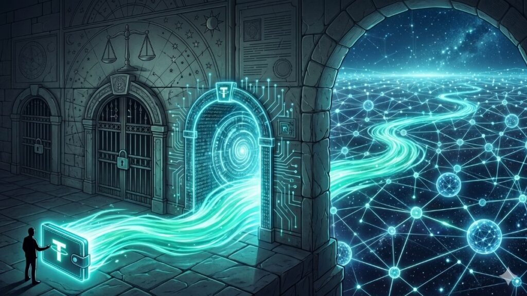 Ilustración conceptual de la stablecoin USDT fluyendo hacia una red de exchanges descentralizados (DeFi) a través de un portal digital, esquivando las puertas bloqueadas por la regulación MiCA en Europa.