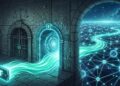 Ilustración conceptual de la stablecoin USDT fluyendo hacia una red de exchanges descentralizados (DeFi) a través de un portal digital, esquivando las puertas bloqueadas por la regulación MiCA en Europa.