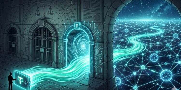 Ilustración conceptual de la stablecoin USDT fluyendo hacia una red de exchanges descentralizados (DeFi) a través de un portal digital, esquivando las puertas bloqueadas por la regulación MiCA en Europa.