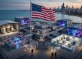 Complejo avanzado de computación cuántica en Estados Unidos con la bandera estadounidense, simbolizando la inversión estratégica y la seguridad nacional en alta tecnología.