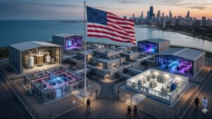 Complejo avanzado de computación cuántica en Estados Unidos con la bandera estadounidense, simbolizando la inversión estratégica y la seguridad nacional en alta tecnología.