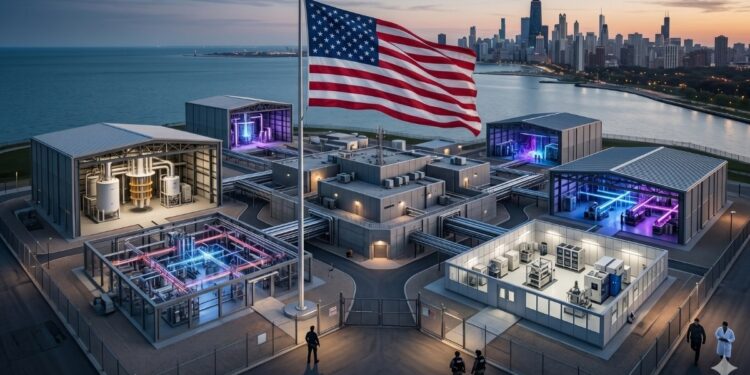 Complejo avanzado de computación cuántica en Estados Unidos con la bandera estadounidense, simbolizando la inversión estratégica y la seguridad nacional en alta tecnología.