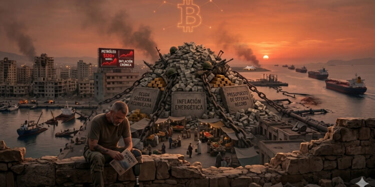 Ilustración conceptual de las secuelas económicas de la guerra en 2026. Un veterano lee sobre el acuerdo de paz junto a una montaña de deuda soberana encadenada. Al fondo, buques petroleros y un cartel de crudo a más de 120 dólares, reflejando los 40.000 millones en costos extra de combustible absorbidos por los hogares, con el símbolo de Bitcoin brillando como refugio en el horizonte.