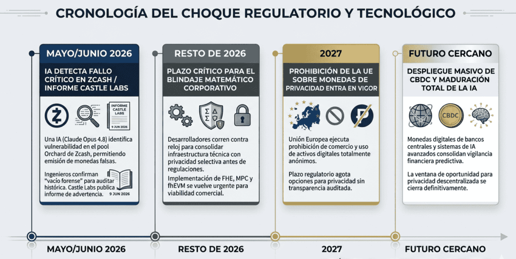 Journalistic infographic showing a horizontal timeline of the conflict between crypto privacy and state regulation between 2026 and 2027. Four sequential cards detail key milestones: the critical AI-detected bug in Zcash and the Castle Labs report in May/June 2026.