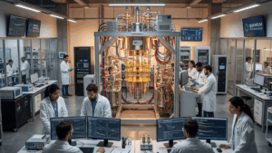 Científicos trabajando en un laboratorio cuántico.