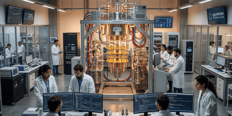 Científicos trabajando en un laboratorio cuántico.