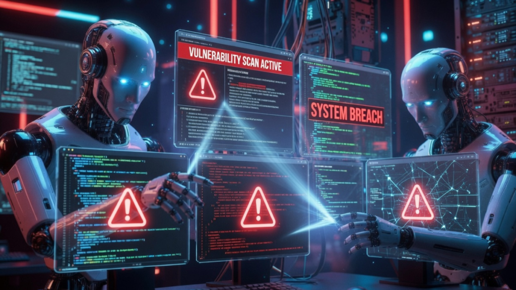 Robots de IA analizando código de aplicaciones para encontrar fallos.