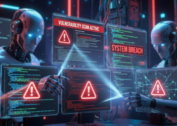 Robots de IA analizando código de aplicaciones para encontrar fallos.