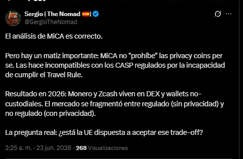 Captura de pantalla de una publicación en X (antes Twitter) de la cuenta "Sergio | The Nomad" (@SergioTheNomad), fechada el 23 de junio de 2026. El texto analiza el impacto de la regulación MiCA, aclarando que no prohíbe las monedas de privacidad por sí mismas, sino que las hace incompatibles con los proveedores de servicios regulados.