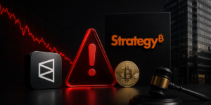 Logo de Strategy, logo de Polymarket, logo de BTC. Velas rojas.